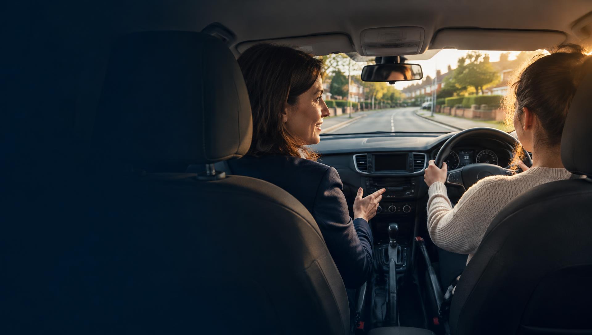 UK driving instructor guiding a learner driver in a dual control tuition car